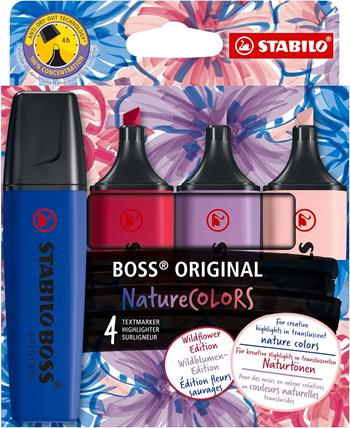 Evidenziatore - STABILO BOSS ORIGINAL NatureCOLORS Wildflower - Astuccio da 4 - Cipria/Blu elettrico/Giglio Viola/Borgogna  STABILO 2026 | libraccio.click