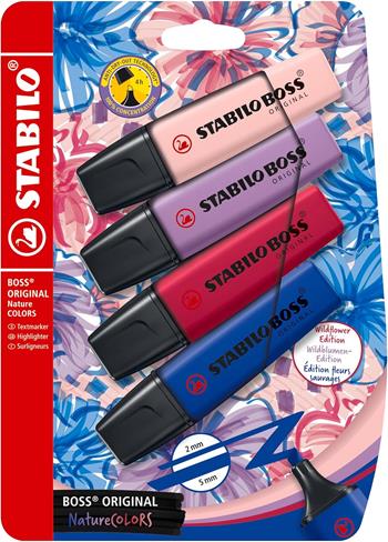 Evidenziatore - STABILO BOSS ORIGINAL NatureCOLORS Wildflower - Pack da 4 - Cipria/Blu elettrico/Giglio Viola/Borgogna  STABILO 2026 | libraccio.click